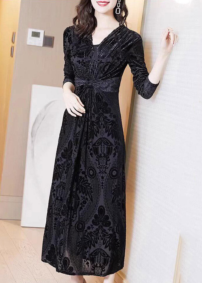 Fine Black V Neck Tunic Silk Velvet Maxi Dress Spring