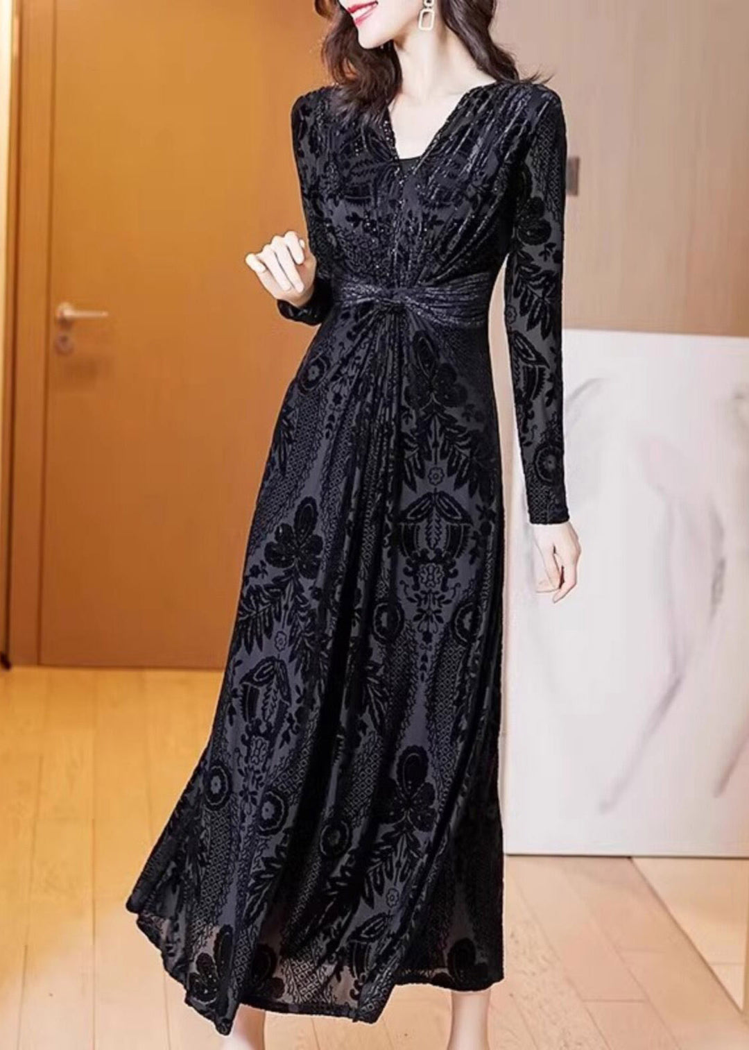 Fine Black V Neck Tunic Silk Velvet Maxi Dress Spring