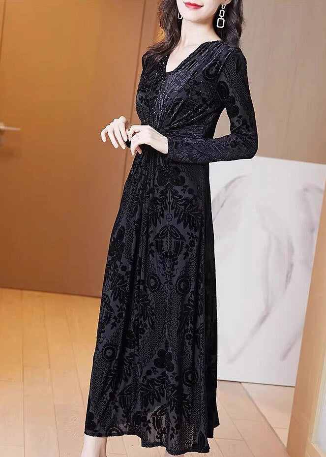 Fine Black V Neck Tunic Silk Velvet Maxi Dress Spring