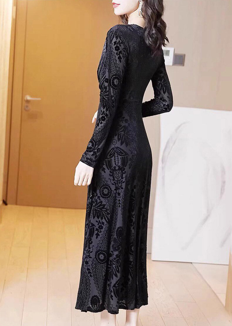 Fine Black V Neck Tunic Silk Velvet Maxi Dress Spring
