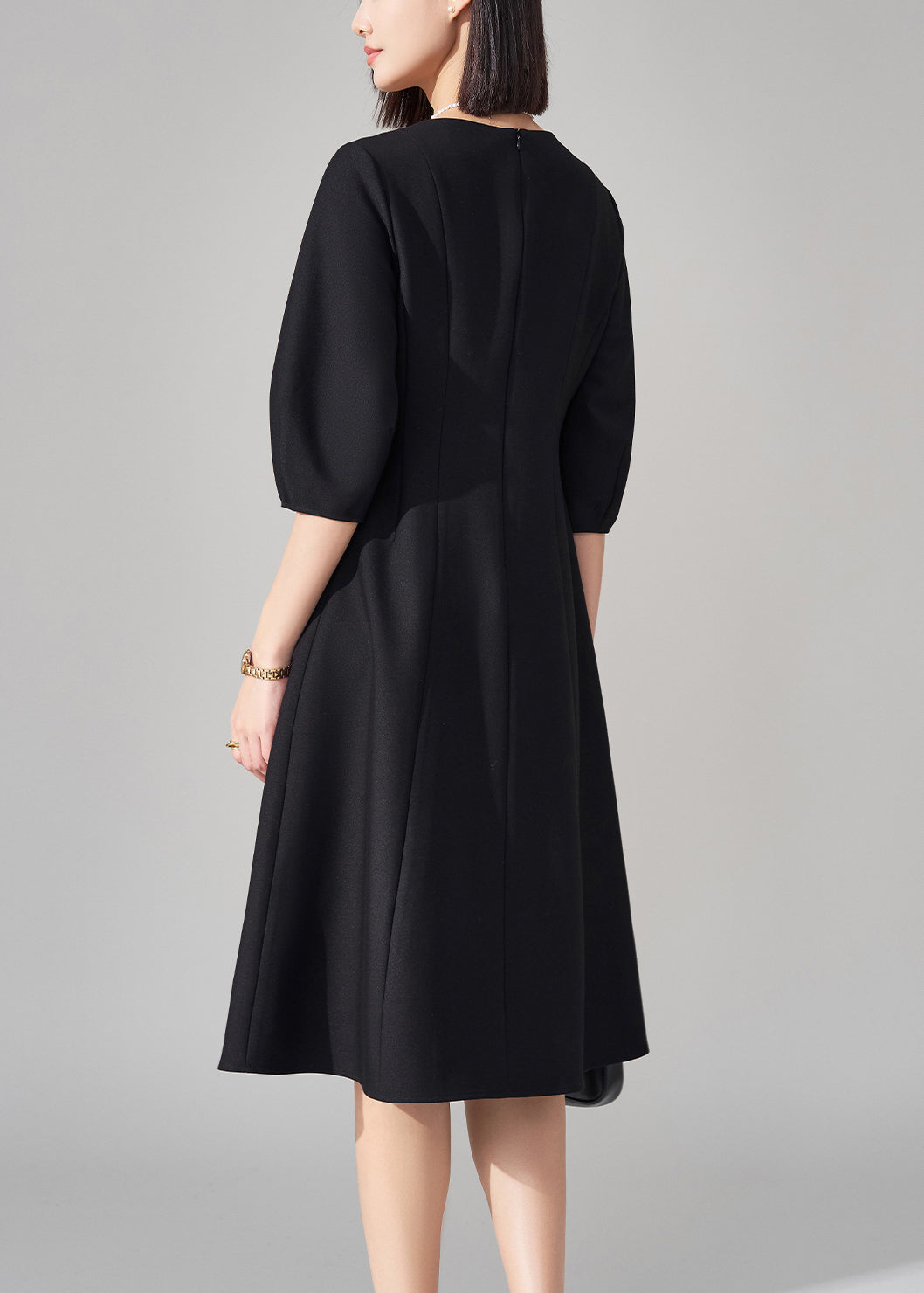 Fine Black V Neck Zippered High Waist Cotton Dresses Half Sleeve