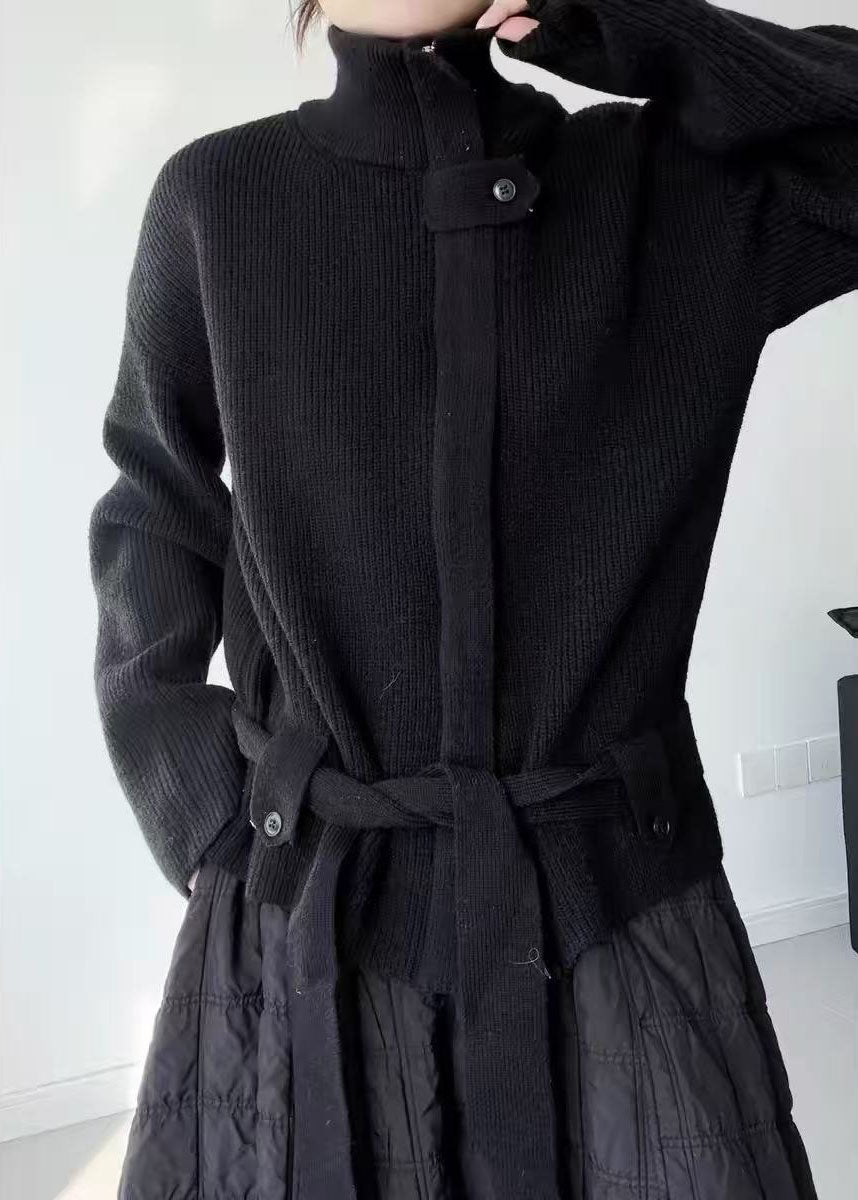 Fine Black Zip Up Tie Waist Knit Cardigan Winter