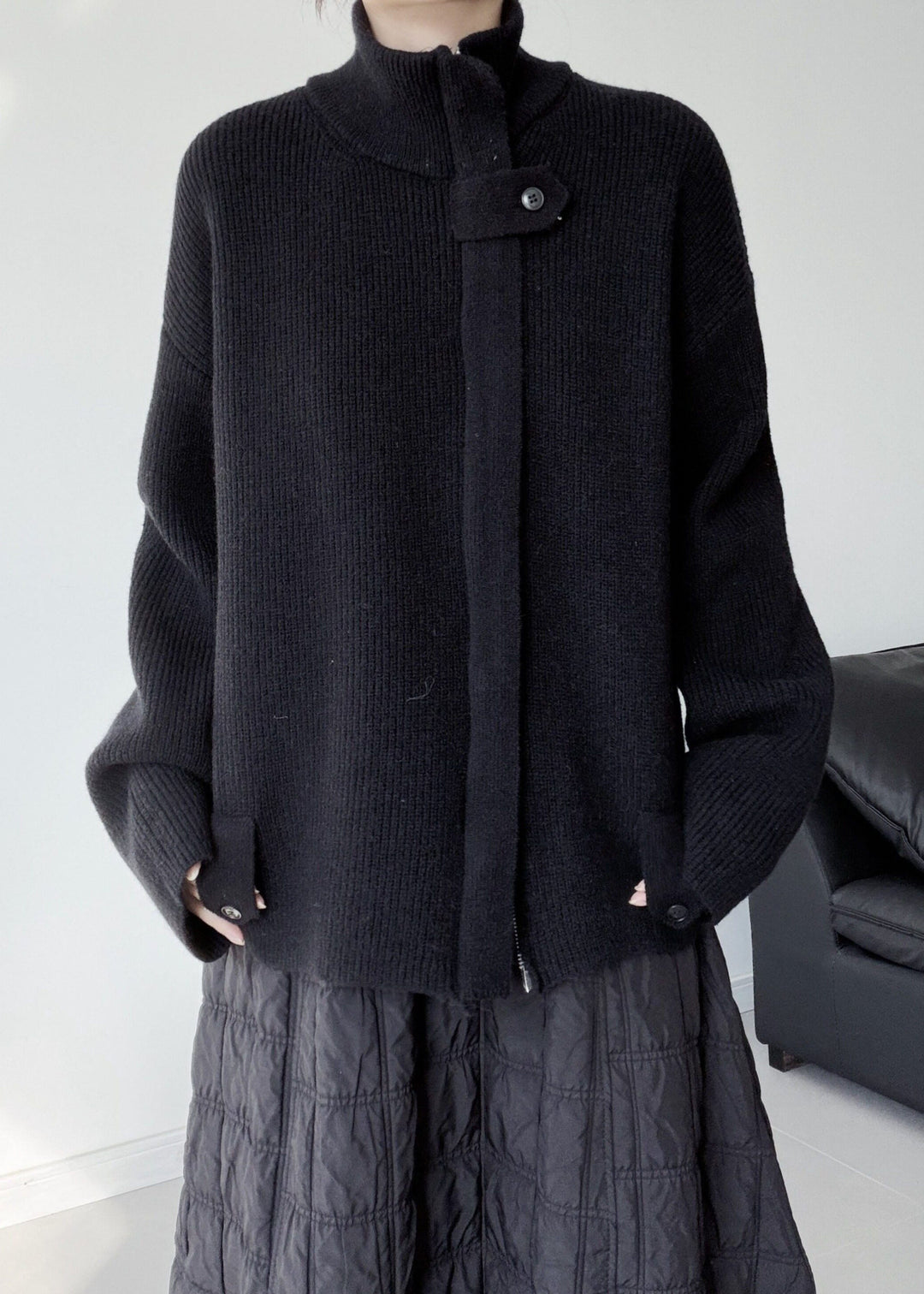 Fine Black Zip Up Tie Waist Knit Cardigan Winter