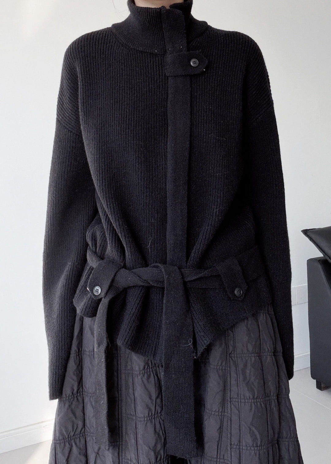 Fine Black Zip Up Tie Waist Knit Cardigan Winter