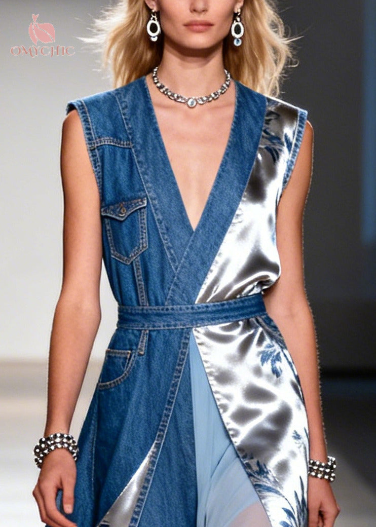 Fine Blue Asymmetrical Patchwork Denim Vacation Dress Sleeveless