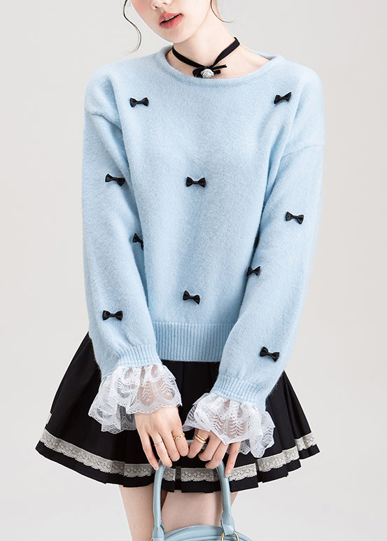 Fine Blue Bow Lace Patchwork Knit Sweater Flare Sleeve