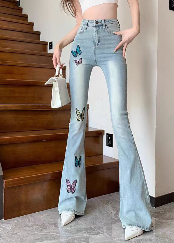 Fine Blue Butterfly Embroidered High Waist Flared Jeans Spring
