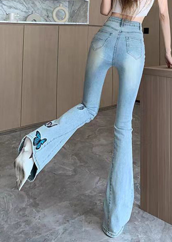 Fine Blue Butterfly Embroidered High Waist Flared Jeans Spring