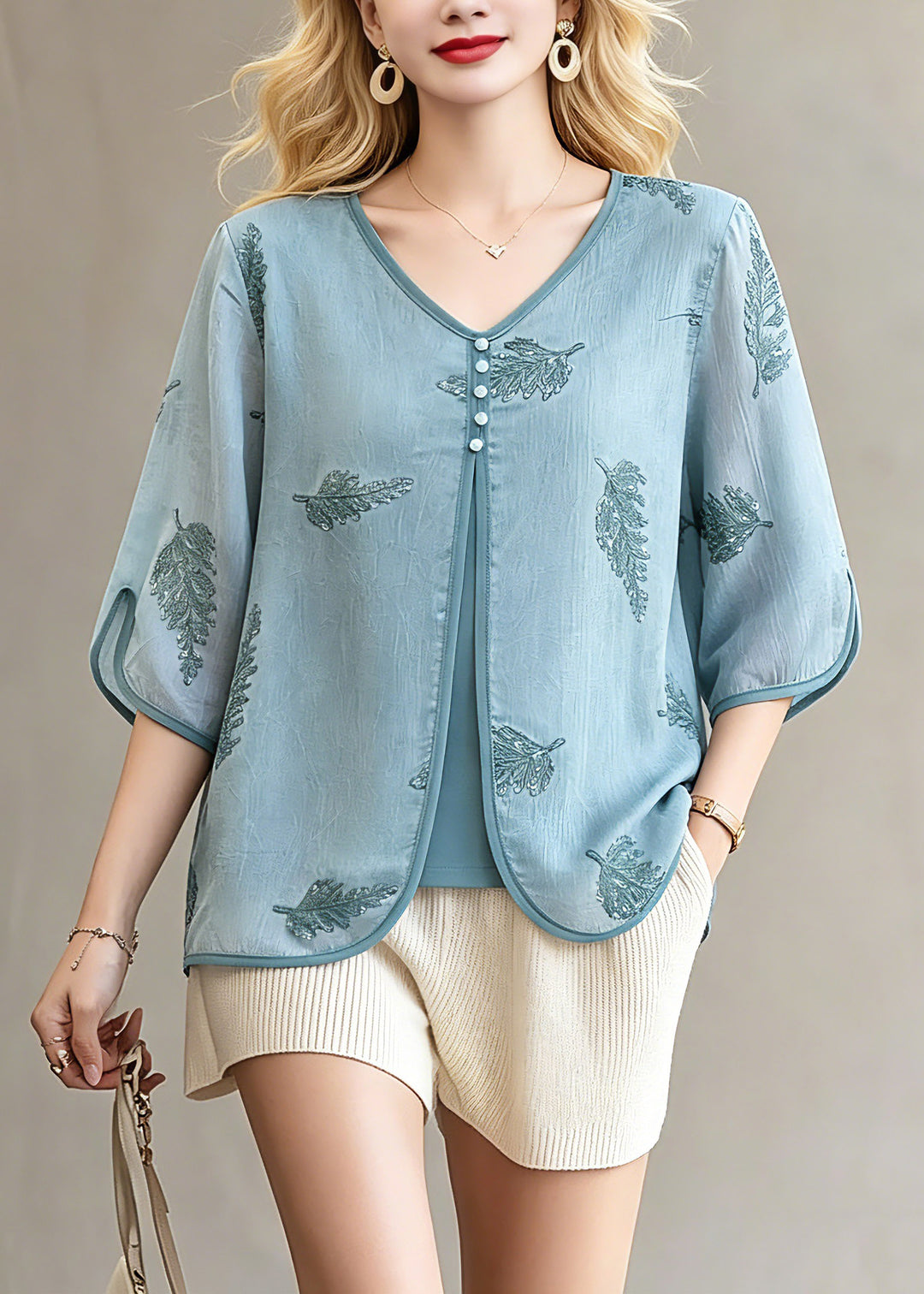 Fine Blue Button Fake Two-Piece Chiffon Tops Spring