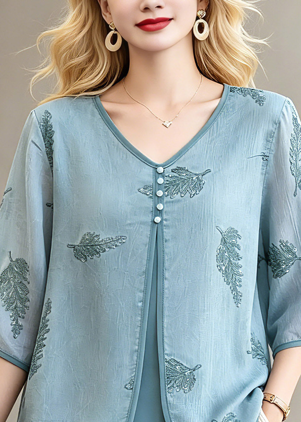 Fine Blue Button Fake Two-Piece Chiffon Tops Spring