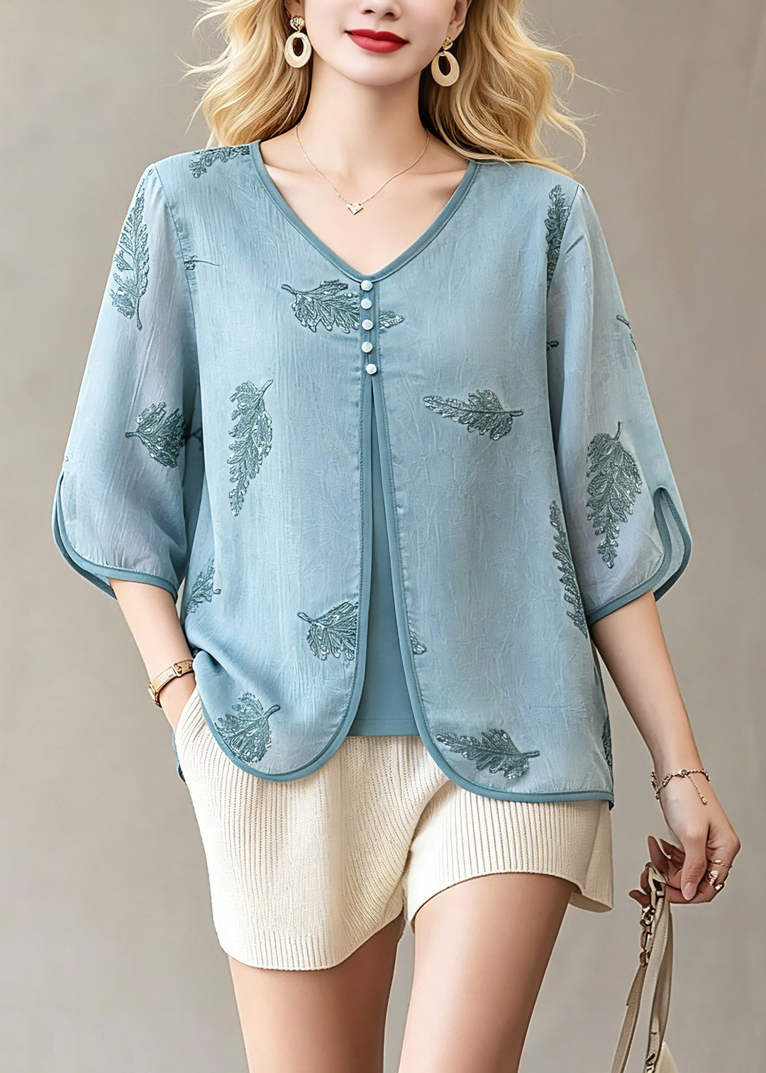 Fine Blue Button Fake Two-Piece Chiffon Tops Spring