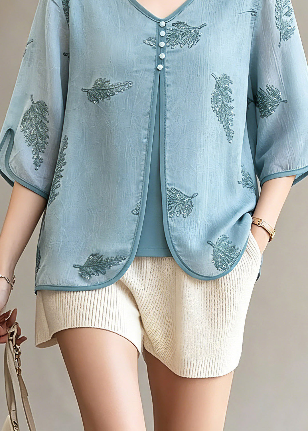 Fine Blue Button Fake Two-Piece Chiffon Tops Spring