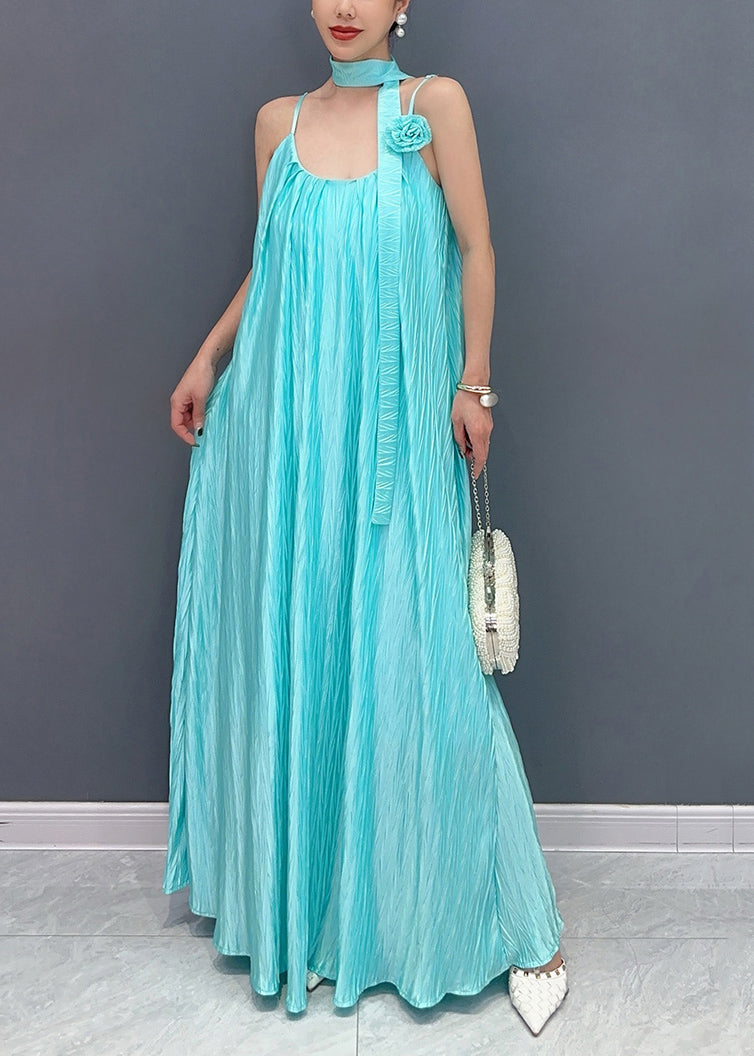 Fine Blue Cold Shoulder Floral Silk Spaghetti Strap Dress Summer - Omychic