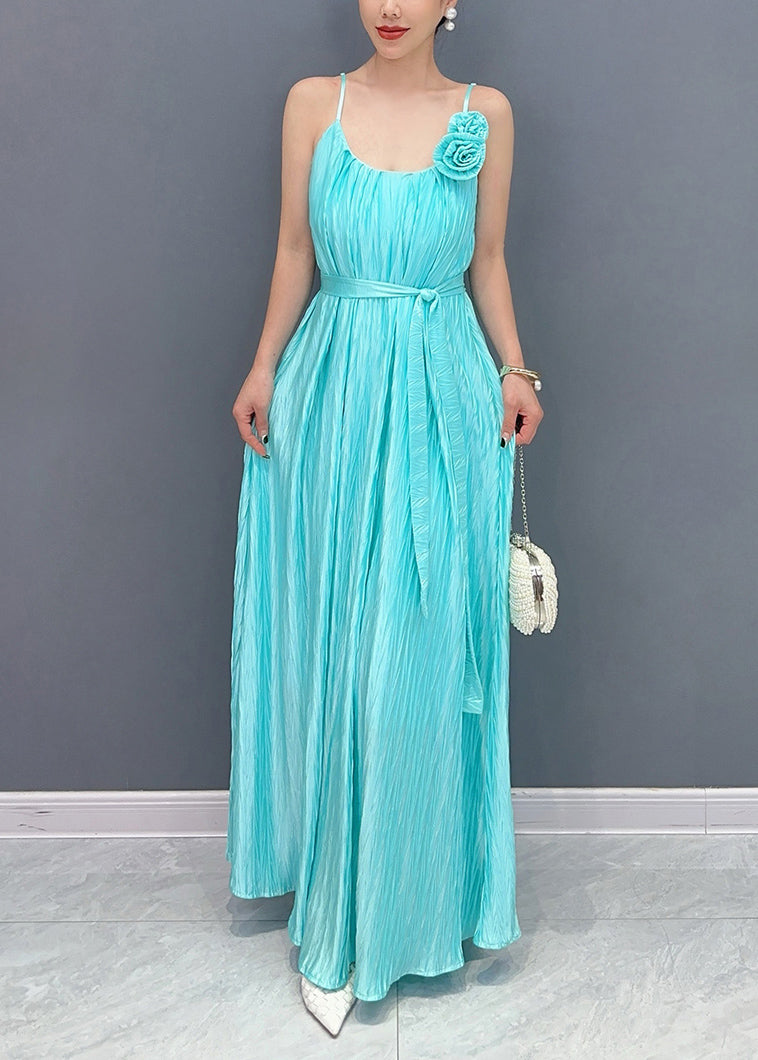 Fine Blue Cold Shoulder Floral Silk Spaghetti Strap Dress Summer - Omychic