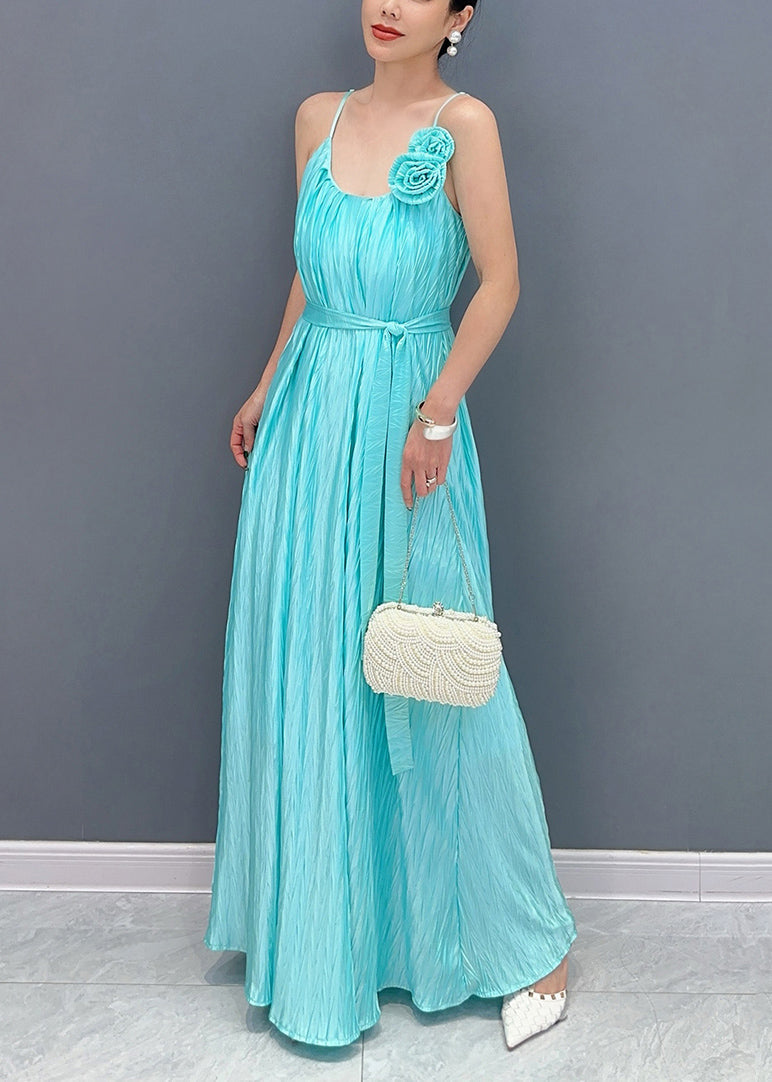 Fine Blue Cold Shoulder Floral Silk Spaghetti Strap Dress Summer - Omychic
