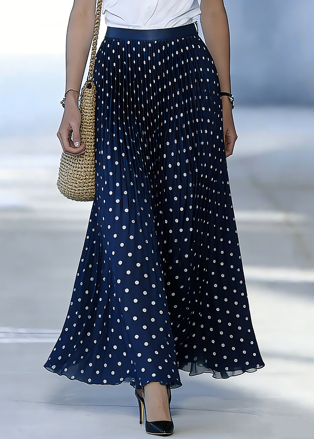 Fine Blue Elastic Waist Dot Print A Line Skirt - Omychic