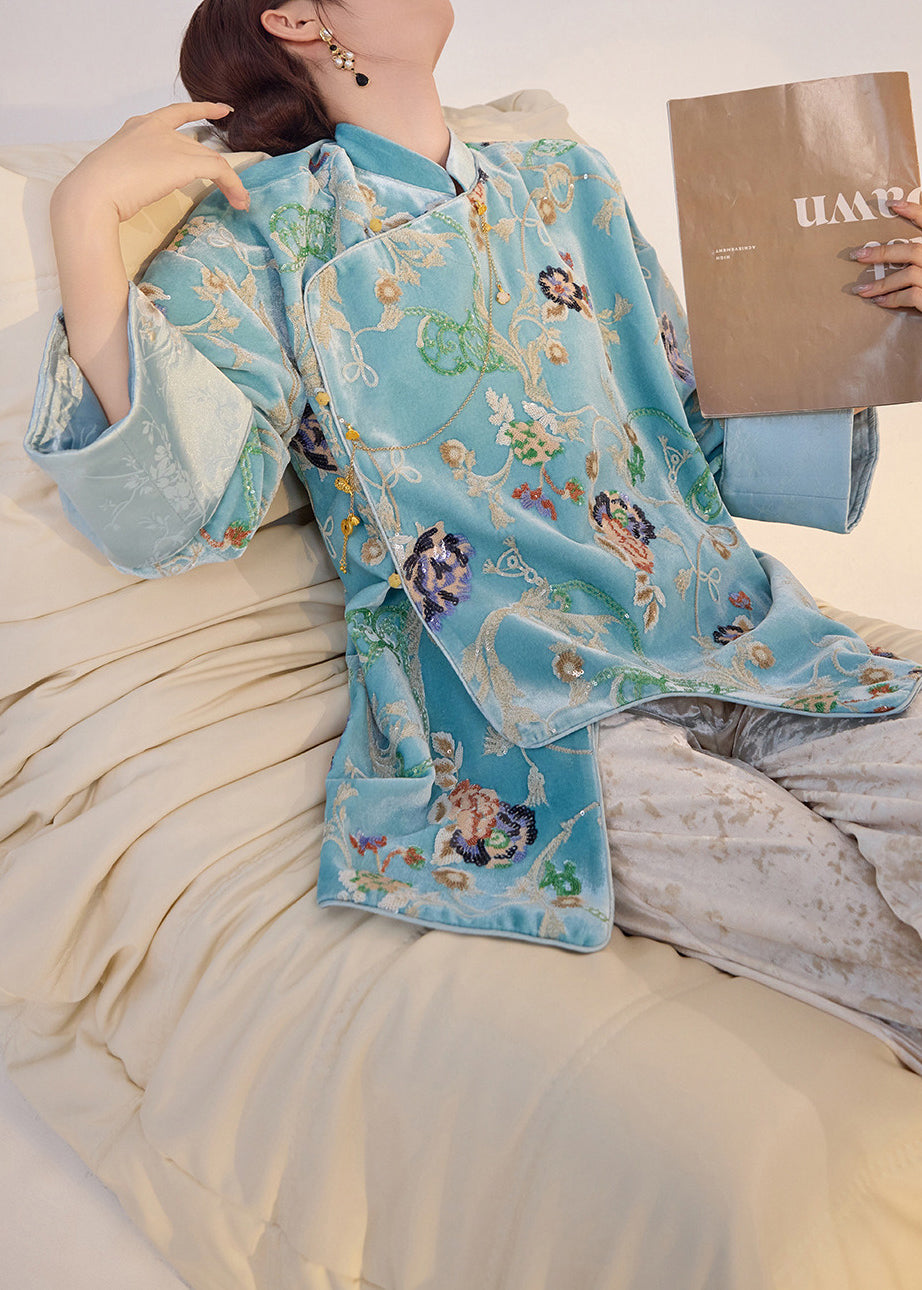 Fine Blue Embroidered Sequins Silk Velour Oriental Coat Fall