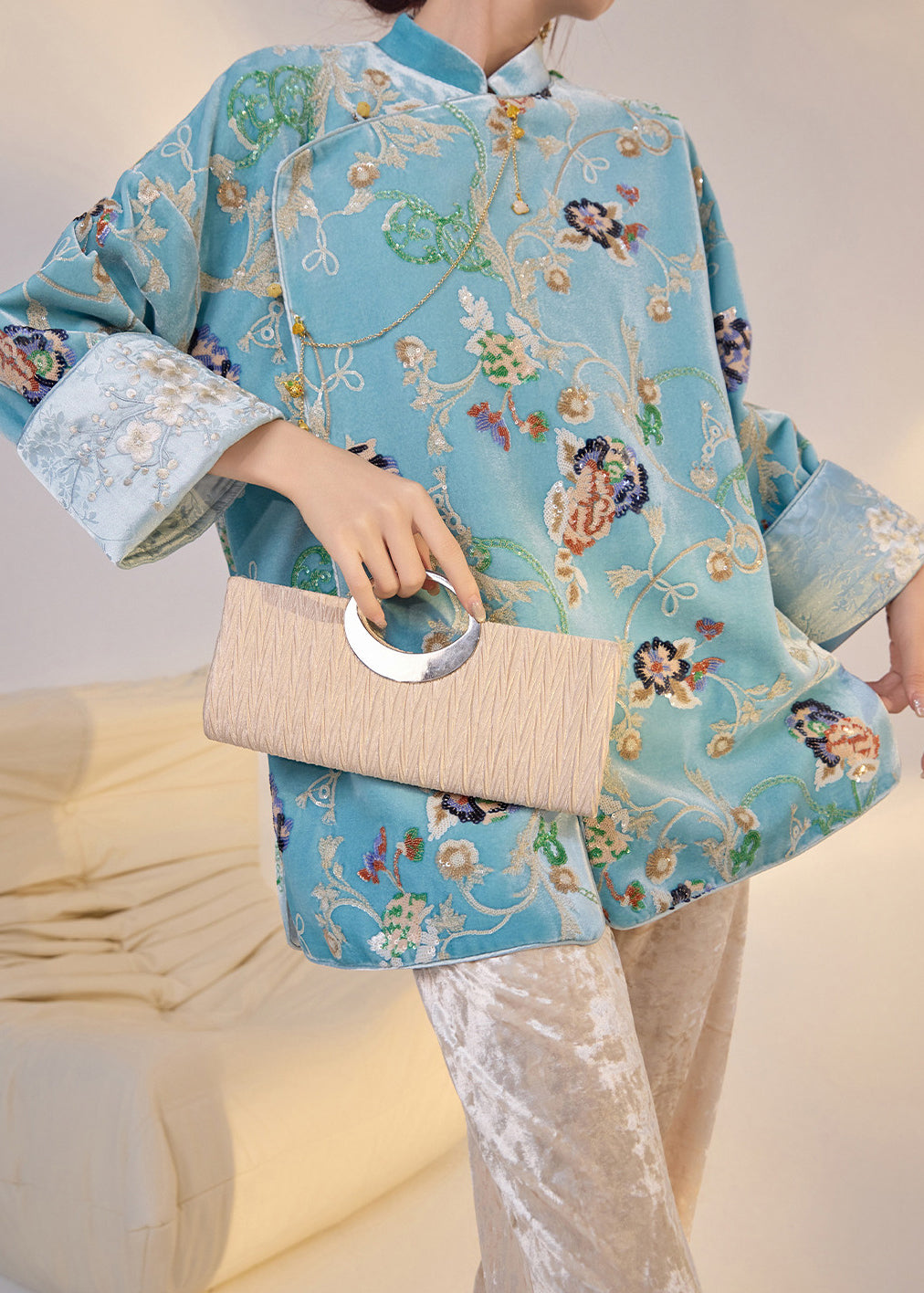 Fine Blue Embroidered Sequins Silk Velour Oriental Coat Fall