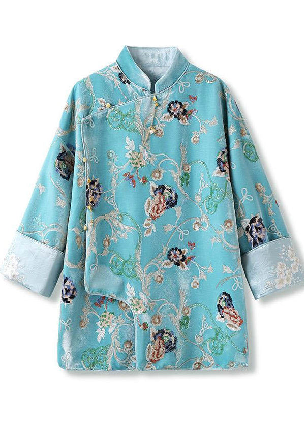 Fine Blue Embroidered Sequins Silk Velour Oriental Coat Fall