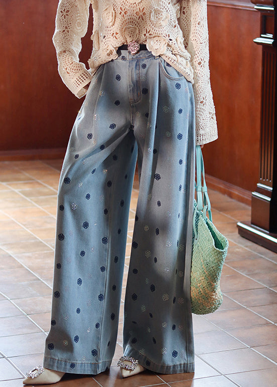 Fine Blue Embroidered Zircon High Waist Denim Wide Leg Pants Fall
