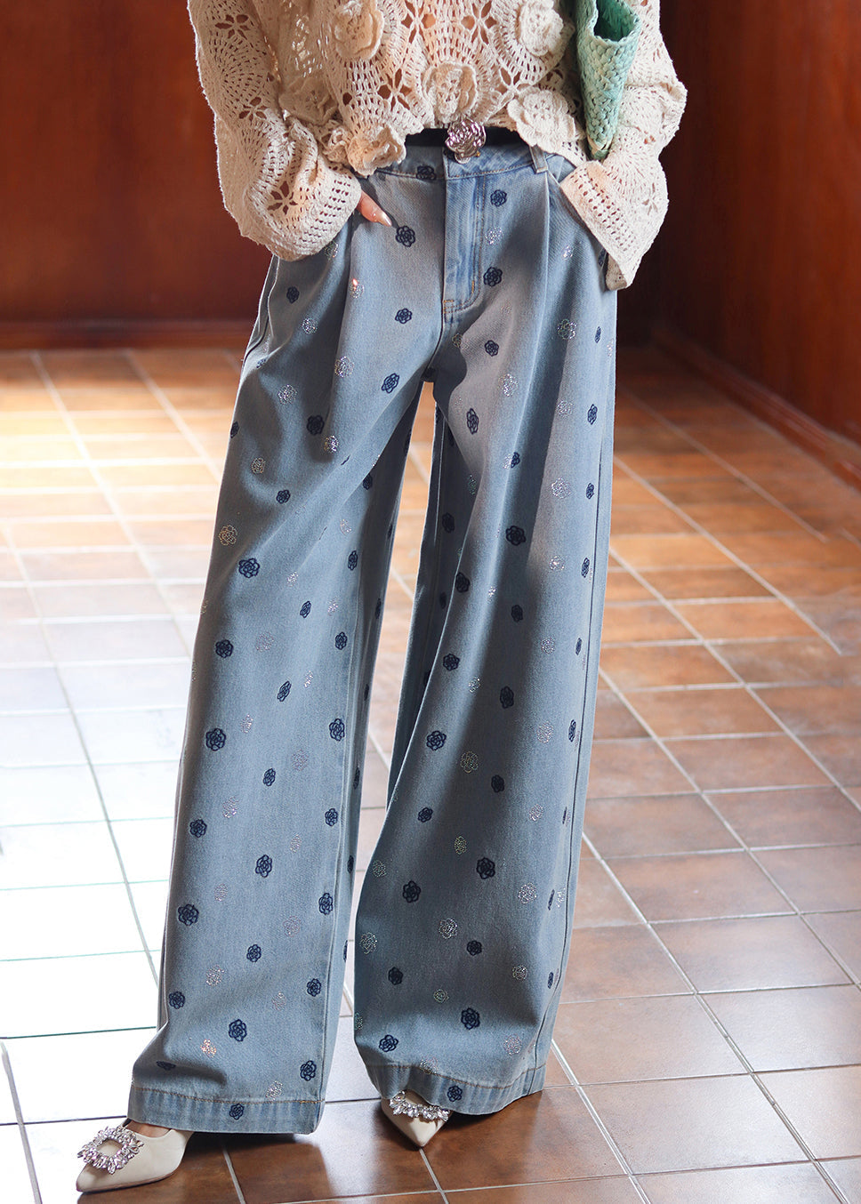 Fine Blue Embroidered Zircon High Waist Denim Wide Leg Pants Fall