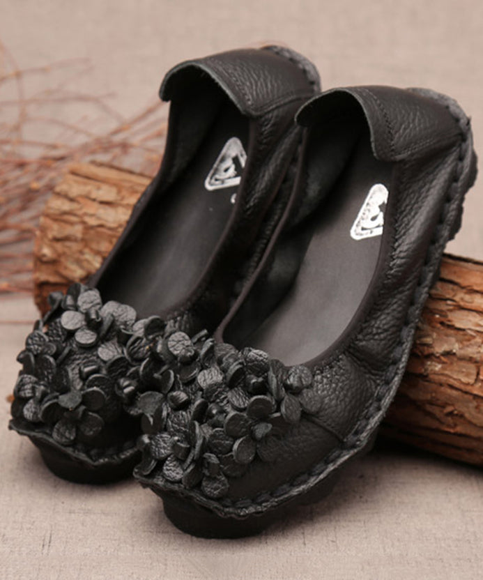 Fine Blue Flower Splicing Cowhide Leather Flat Shoes