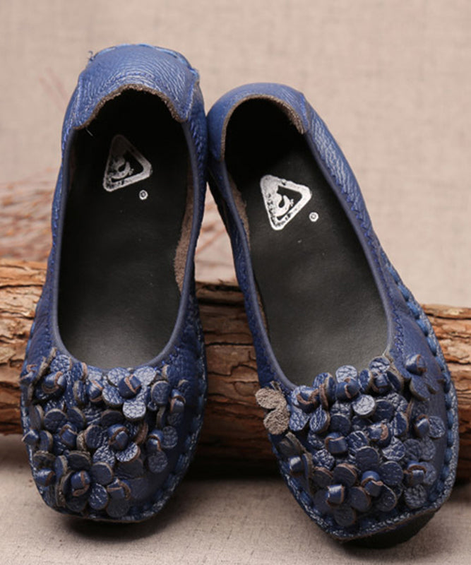 Fine Blue Flower Splicing Cowhide Leather Flat Shoes