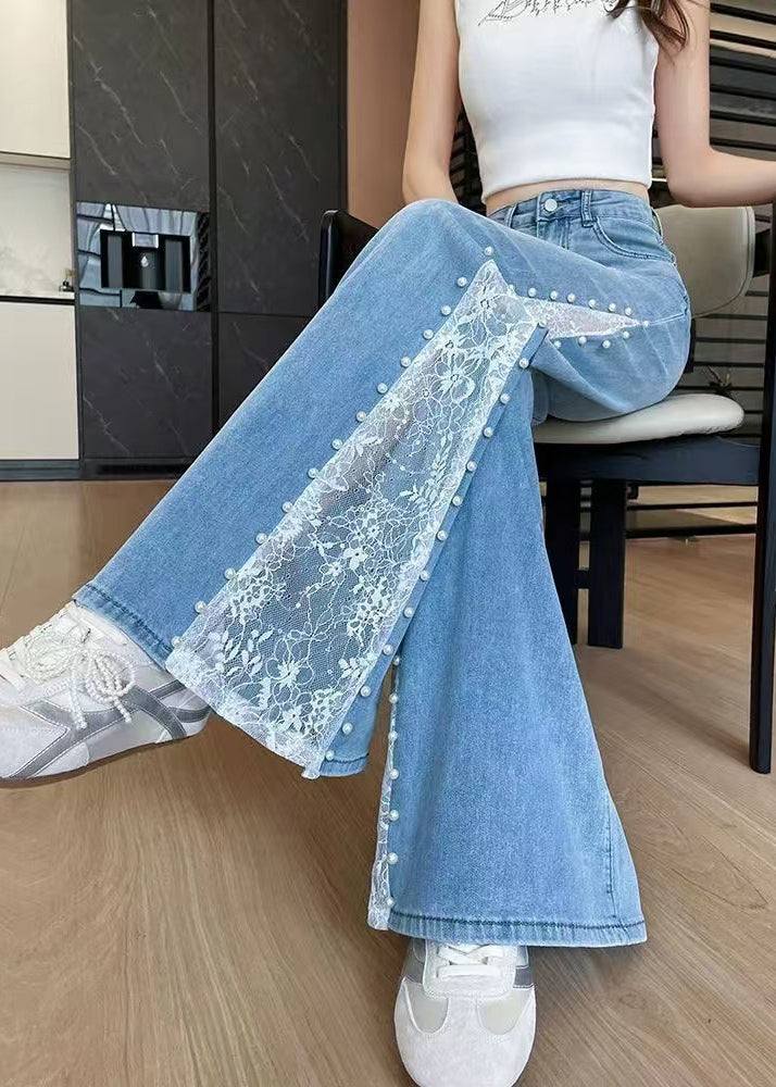 Fine Blue Hollow Out Patchwork Lace Denim Flared Trousers Fall