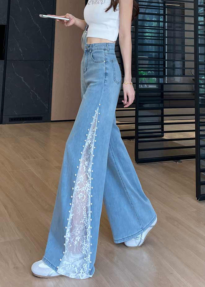 Fine Blue Hollow Out Patchwork Lace Denim Flared Trousers Fall