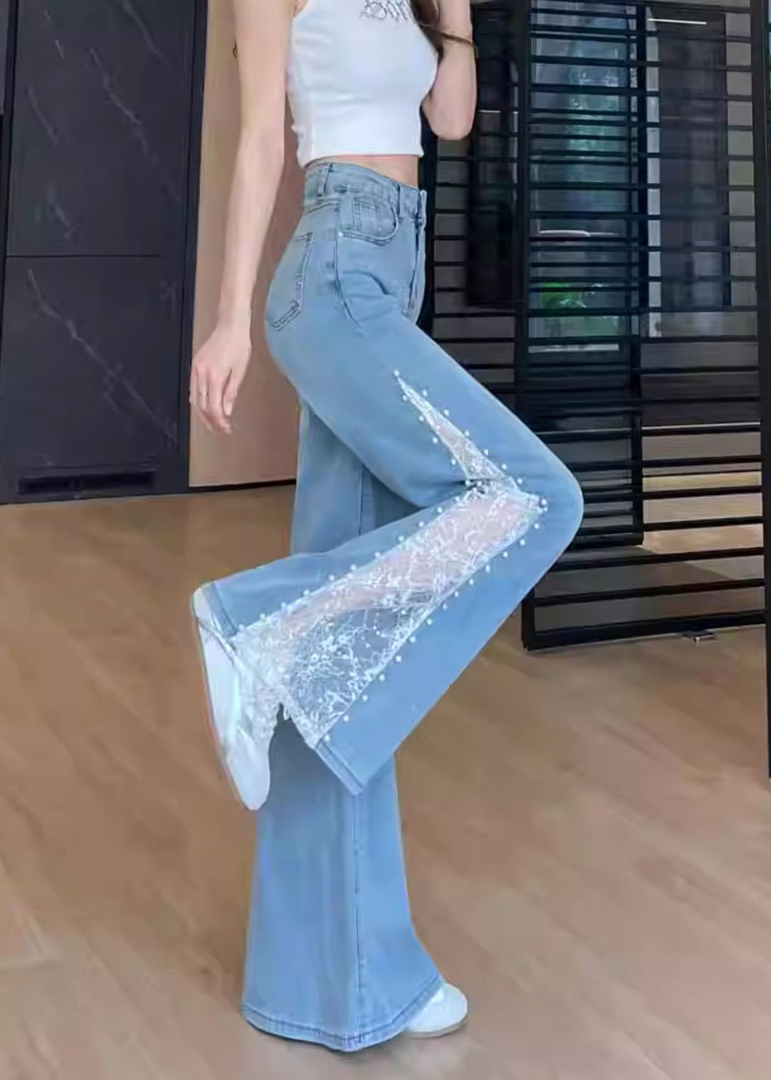 Fine Blue Hollow Out Patchwork Lace Denim Flared Trousers Fall