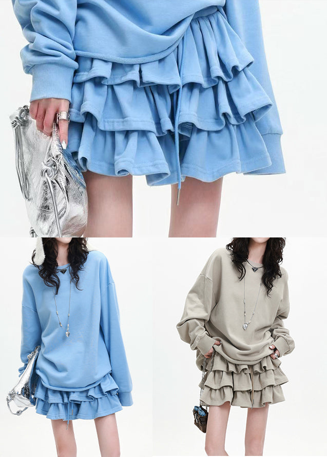 Fine Blue Layered Ruffled Cotton Tops And Skirts Two Pieces Set Spring