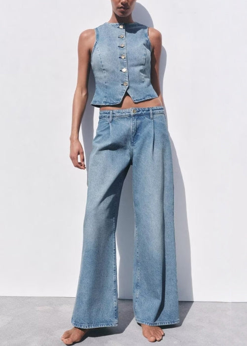 Fine Blue O Neck Button Denim Two Piece Set Sleeveless