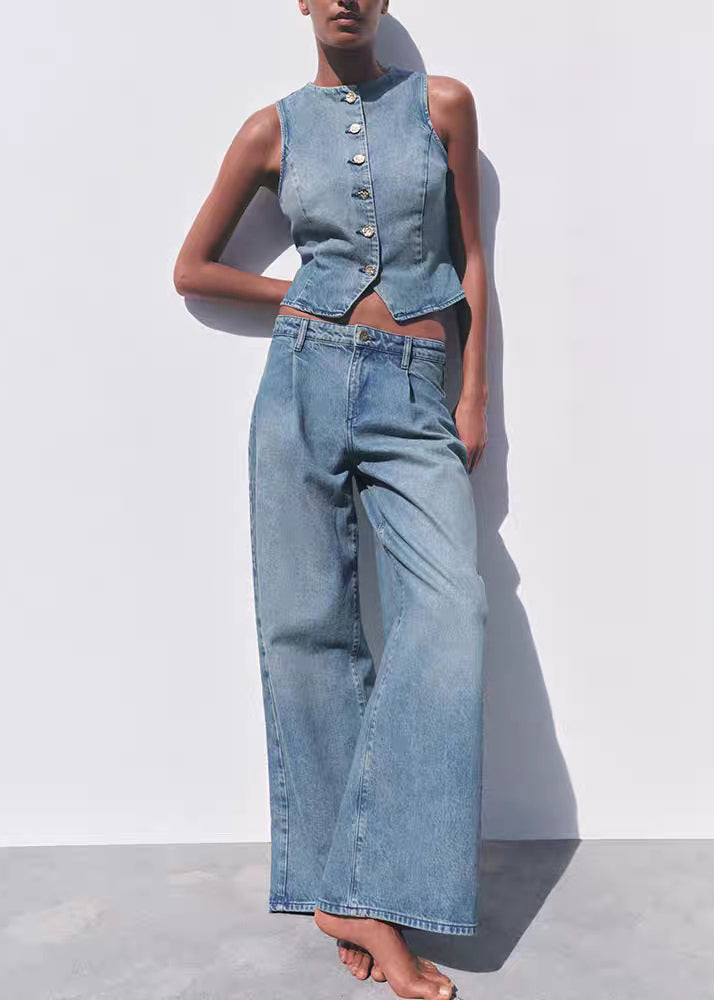 Fine Blue O Neck Button Denim Two Piece Set Sleeveless