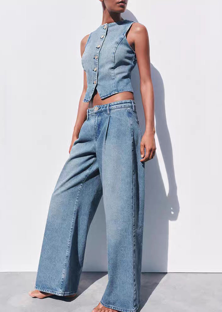 Fine Blue O Neck Button Denim Two Piece Set Sleeveless