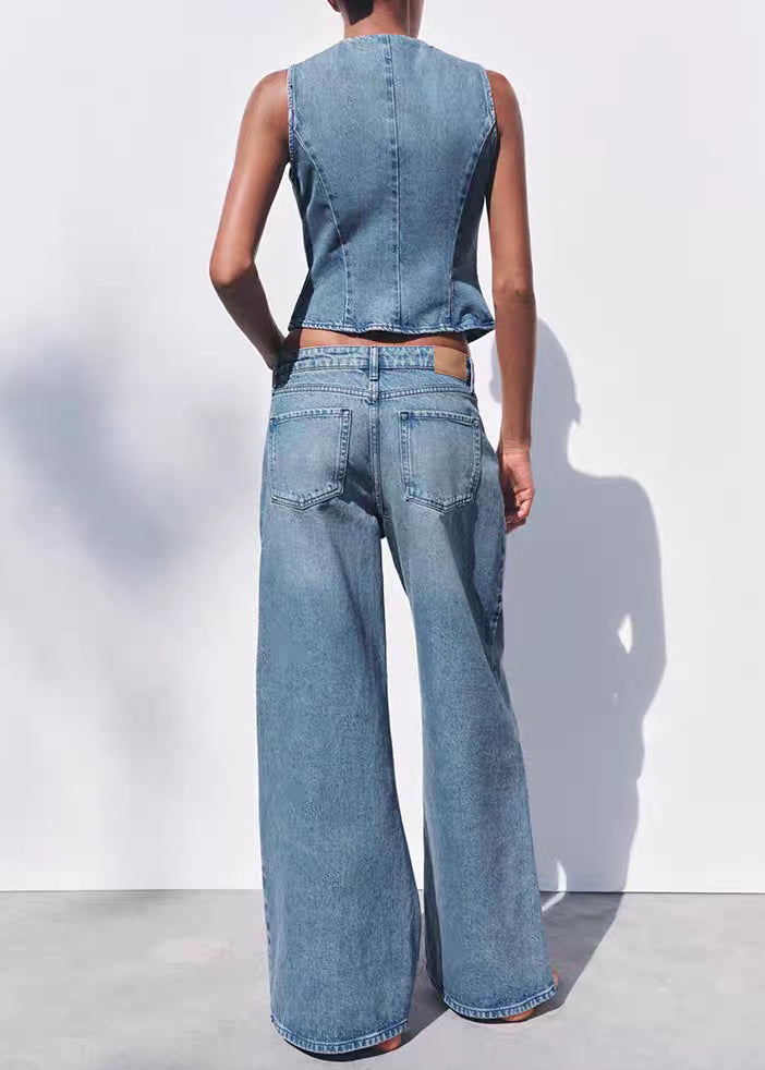 Fine Blue O Neck Button Denim Two Piece Set Sleeveless
