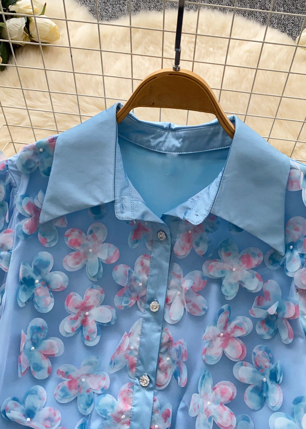 Fine Blue Oversized Floral Tulle Shirt Tops Summer