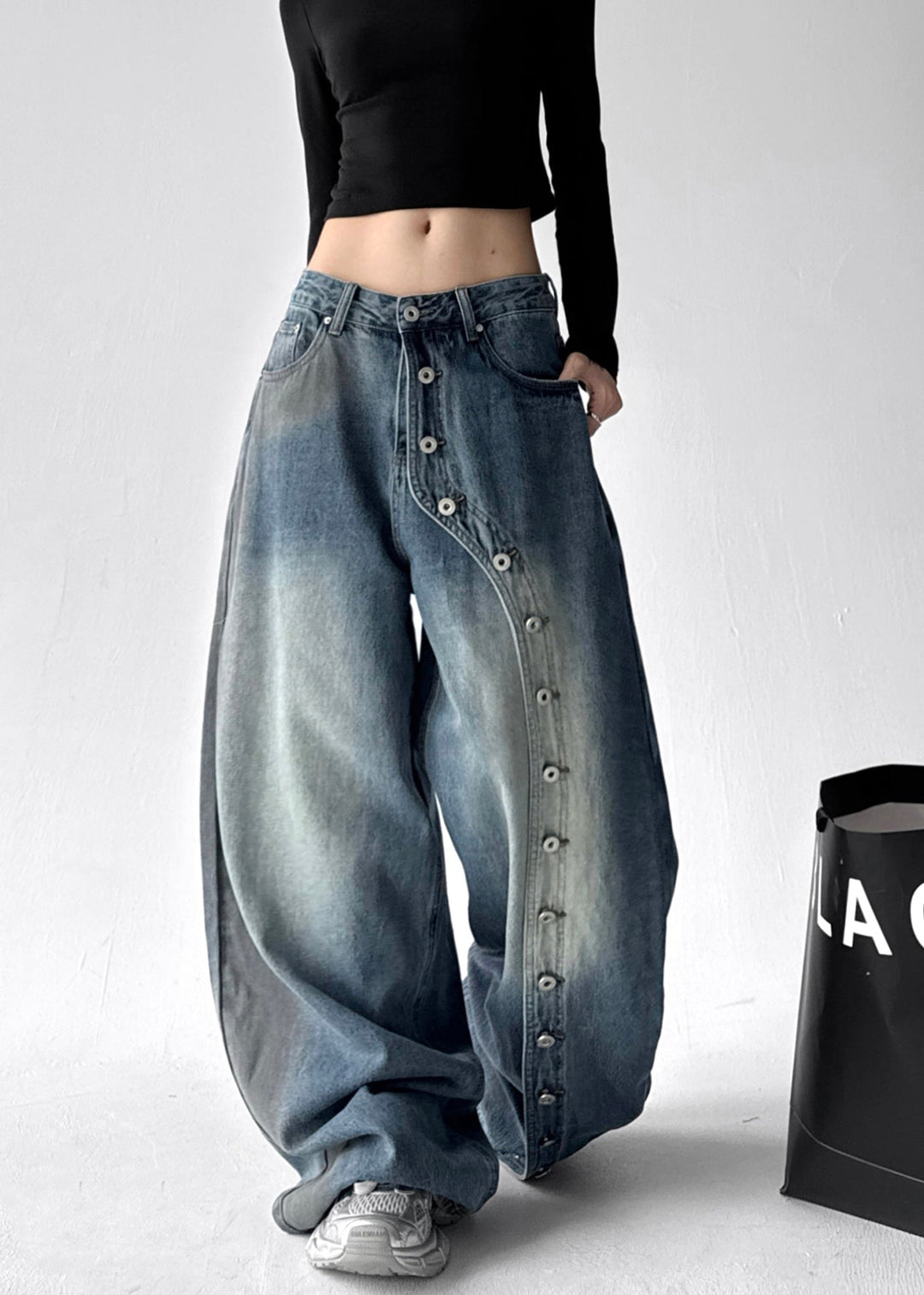 Fine Blue Oversized Rivet Denim Wide Leg Pants Fall