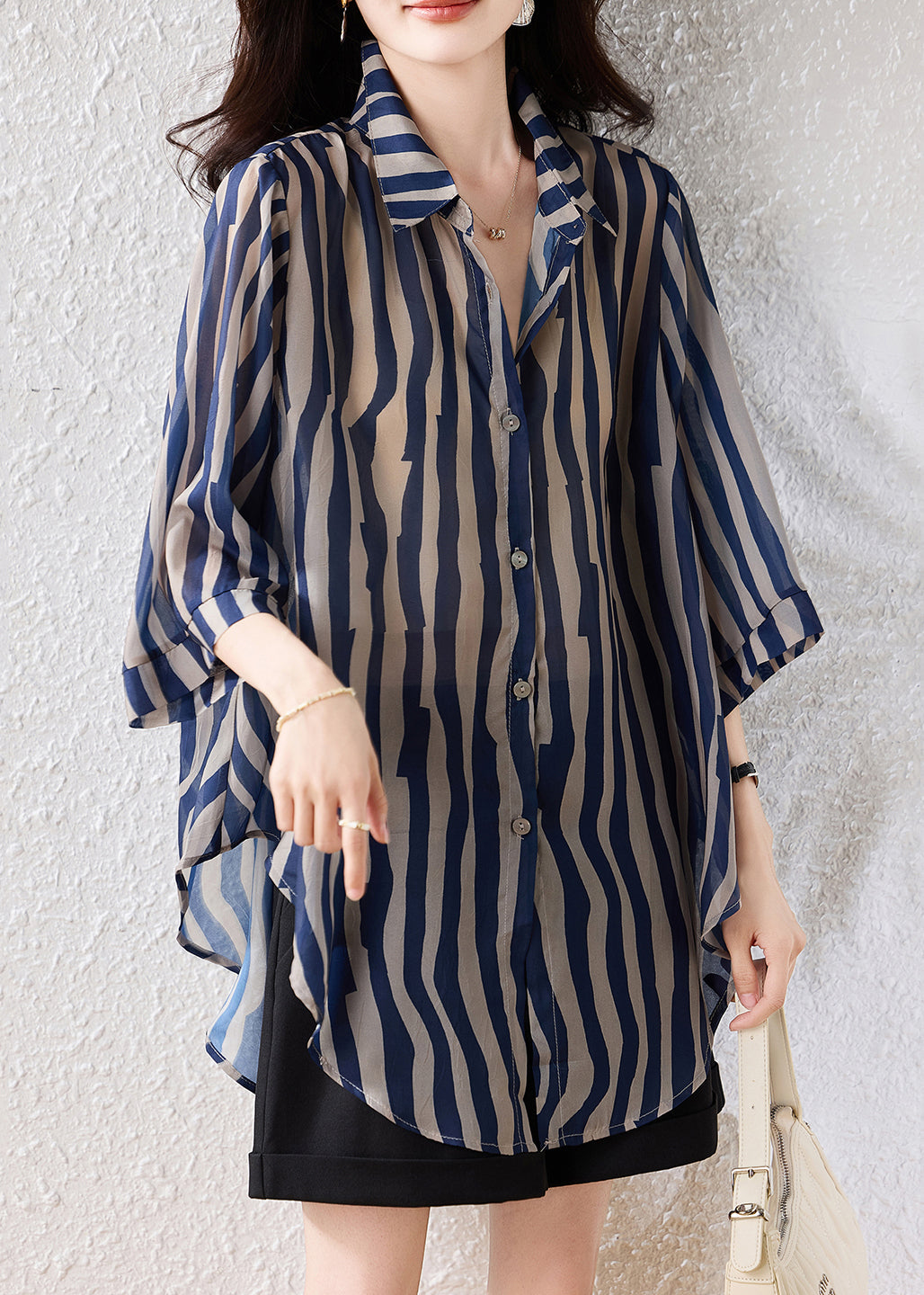 Fine Blue Oversized Striped Chiffon Blouse Tops Half Sleeve