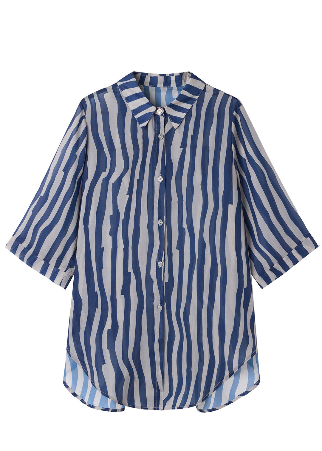 Fine Blue Oversized Striped Chiffon Blouse Tops Half Sleeve
