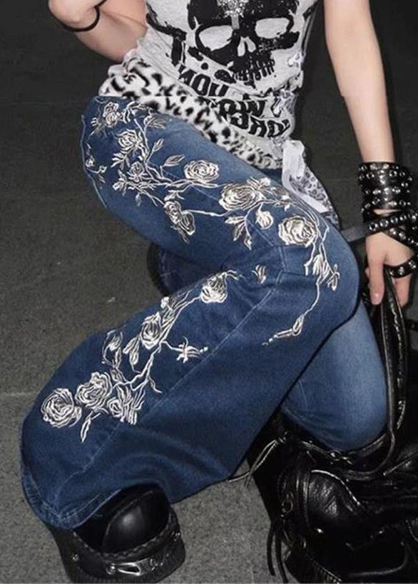 Fine Blue Rose Print Pockets High Waist Denim Flared Trousers Fall