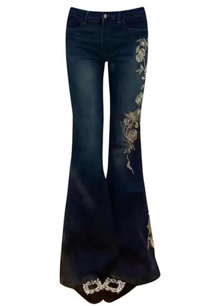 Fine Blue Rose Print Pockets High Waist Denim Flared Trousers Fall