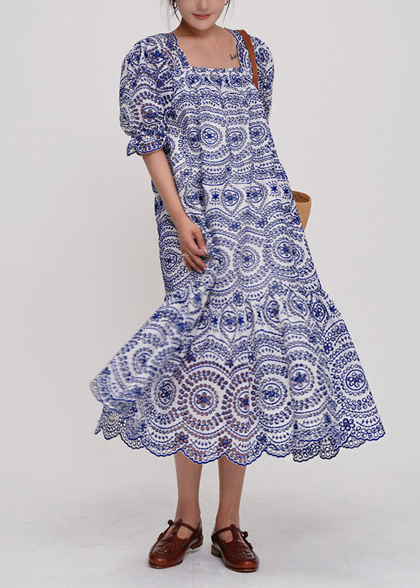 Fine Blue Square Collar Embroidered Cotton Maxi Dresses Summer