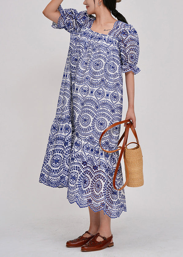 Fine Blue Square Collar Embroidered Cotton Maxi Dresses Summer