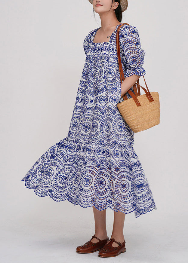 Fine Blue Square Collar Embroidered Cotton Maxi Dresses Summer