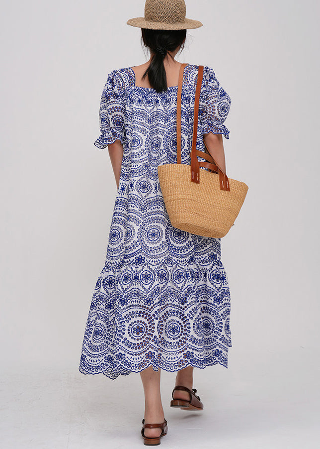 Fine Blue Square Collar Embroidered Cotton Maxi Dresses Summer