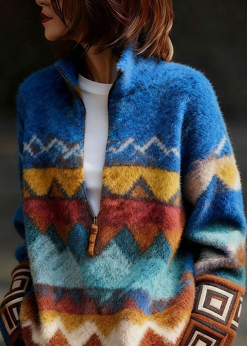Fine Blue Stand Collar Zippered Mink Hair Knitted  Sweater Fall