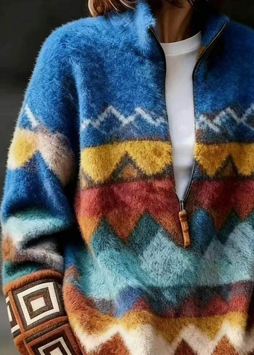 Fine Blue Stand Collar Zippered Mink Hair Knitted  Sweater Fall