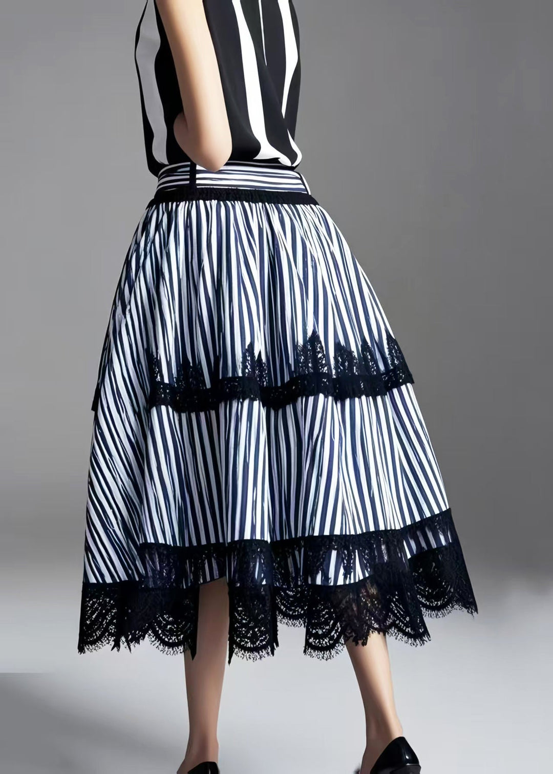 Fine Blue Striped Patchwork Lace Skirts Exra Large Hem Summer