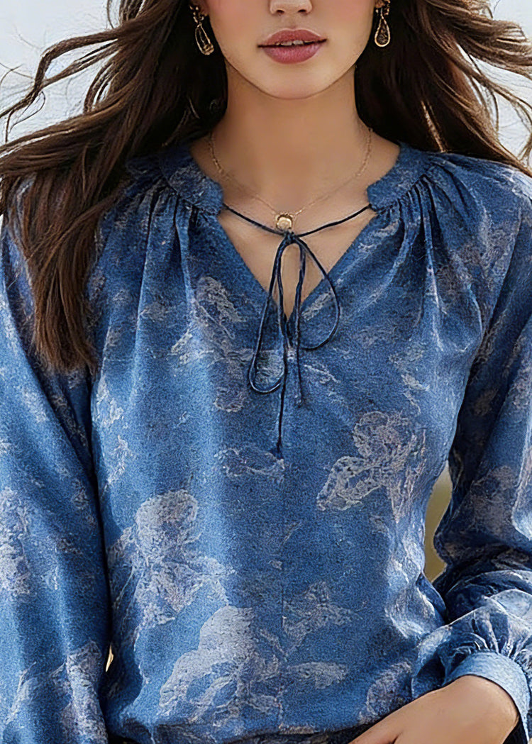 Fine Blue Tie Lace Print Silk Shirt Spring - Omychic