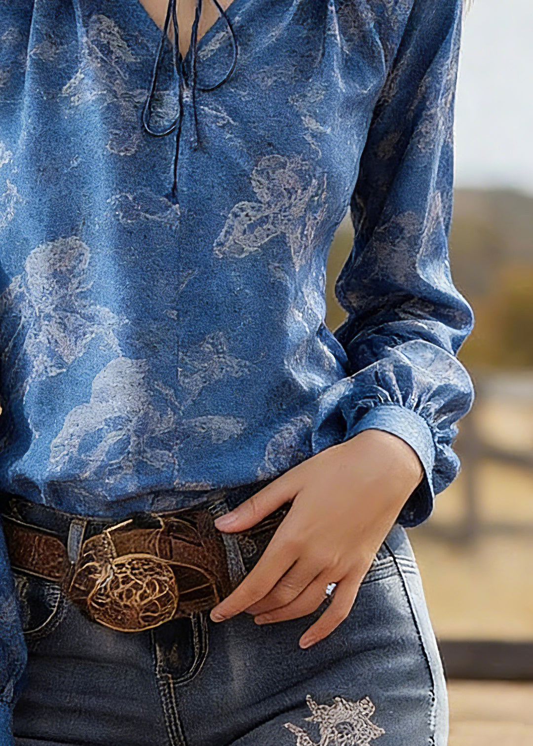 Fine Blue Tie Lace Print Silk Shirt Spring - Omychic